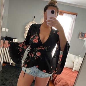 Black Floral Wrap Top